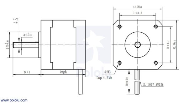 MOTOR A PASOS PAP BIPOLAR 200 PASOS 42×38MM, 2.8V, 1.7 A/ FASE  NEMA 17 POLOLU - Imagen 2