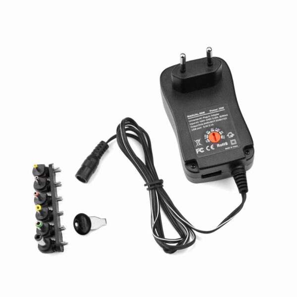 CARGADOR VOLTAJE UNIVERSAL VARIABLE 3-12V 30W Y PLUGS INTERCAMBIABLES