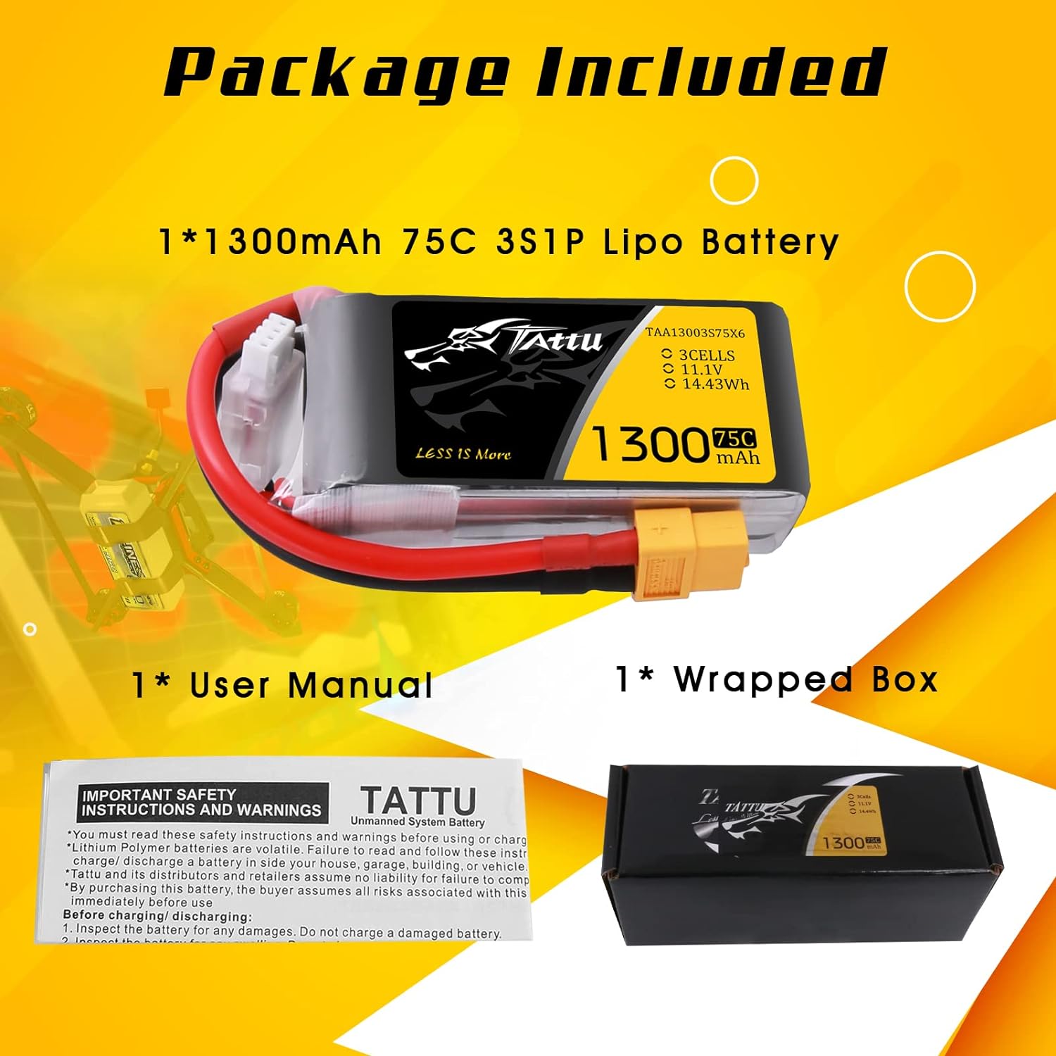 BATERÍA LIPO 3S 11,1V 1300MAH TATTU 75C XT60 - Imagen 2