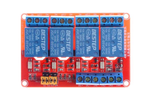 MÓDULO RELÉ 5V 4 CANALES CON OPTOACOPLADORES HIGH/LOW ALTO/BAJO (ROJO) - Imagen 7