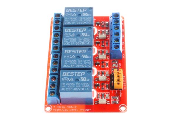 MÓDULO RELÉ 5V 4 CANALES CON OPTOACOPLADORES HIGH/LOW ALTO/BAJO (ROJO) - Imagen 4