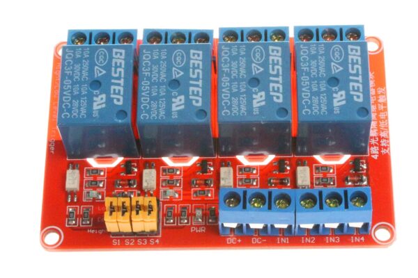 MÓDULO RELÉ 5V 4 CANALES CON OPTOACOPLADORES HIGH/LOW ALTO/BAJO (ROJO)