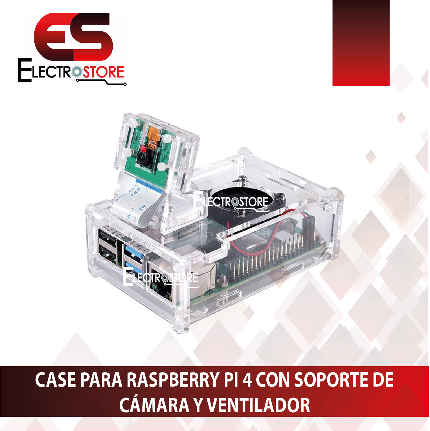 CASE ACRÍLICO CON VENTILADOR Y SOPORTE DE CÁMARA PARA RASPBERRY PI 4 - Imagen 4