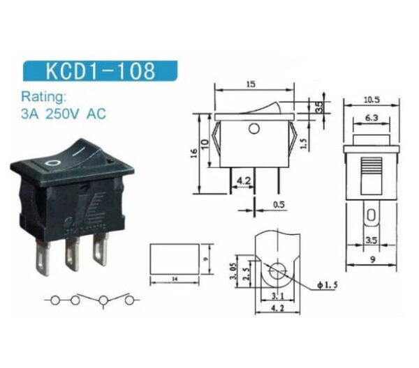 INTERRUPTOR ROCKER NEGRO MINI 3 PINES 2 POSICIONES ON/OFF 3A 250VAC  15*10*17MM KCD11