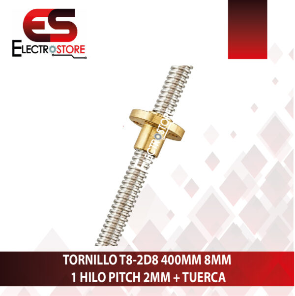 TORNILLO T8-2D8 400MM 8MM 1 HILO PITCH 2MM + TUERCA - Imagen 2