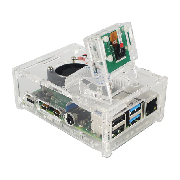CASE ACRÍLICO CON VENTILADOR Y SOPORTE DE CÁMARA PARA RASPBERRY PI 4